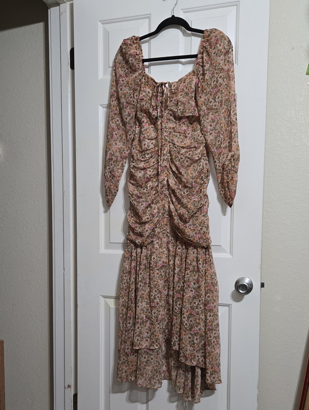 Astr Blush Floral Ruched Long-Sleeve Midi Dress